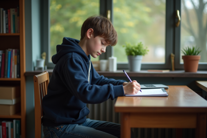 Jeune garçon en hoodie écrivant dans un carnet dans sa chambre