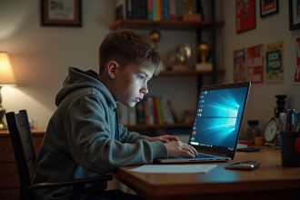 Adolescent regardant son ordinateur portable dans sa chambre