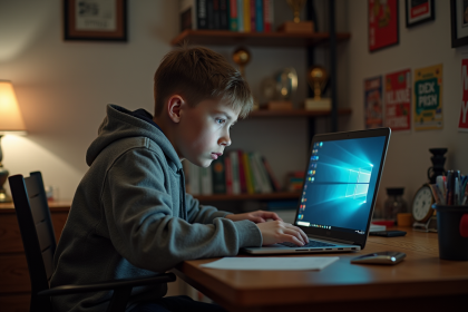 Adolescent regardant son ordinateur portable dans sa chambre