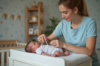 Jeune mère nettoyant le nombril de son bébé dans un environnement cosy