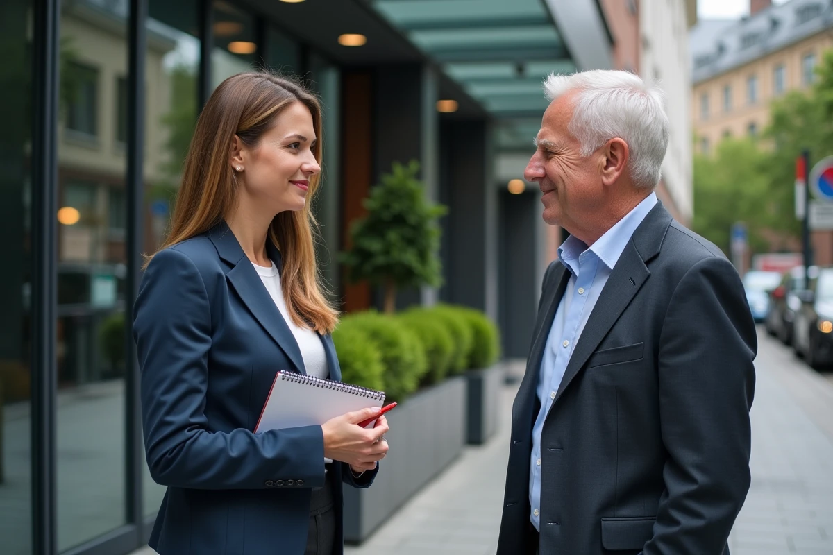 Journaliste en extérieur discutant avec un homme en ville moderne