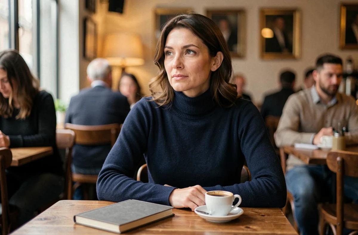 Journaliste pensive attablée dans un café parisien, carnet fermé devant elle, illustrant la discrétion sur la vie privée