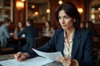 Femme journaliste professionnelle assise dans un café parisien, examinant des documents avec une expression concentrée