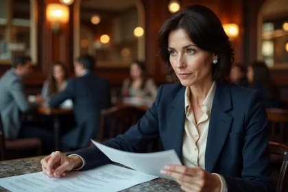 Femme journaliste professionnelle assise dans un café parisien, examinant des documents avec une expression concentrée