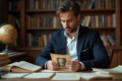 Journaliste consultant des archives familiales et documents généalogiques dans une bibliothèque