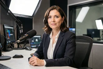 Journaliste professionnelle assise dans un studio de télévision, posture assurée et regard déterminé face à la caméra