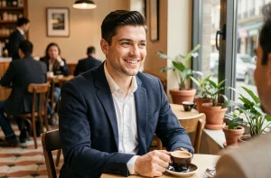 Kevin Bossuet souriant dans un café parisien, évoquant l'équilibre entre vie amoureuse et carrière médiatique
