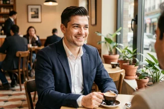 Kevin Bossuet souriant dans un café parisien, évoquant l'équilibre entre vie amoureuse et carrière médiatique