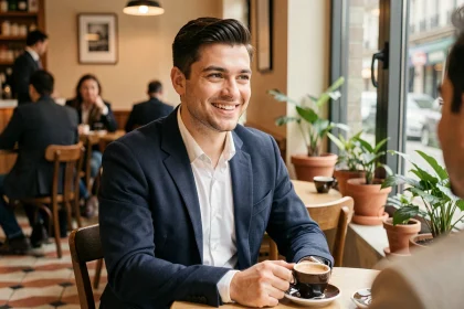Kevin Bossuet souriant dans un café parisien, évoquant l'équilibre entre vie amoureuse et carrière médiatique