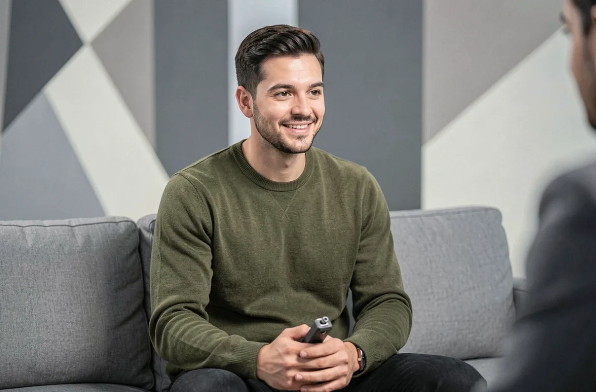Personnalité médiatique en interview télévisée, abordant avec sérénité sa vie de couple et sa carrière dans les médias