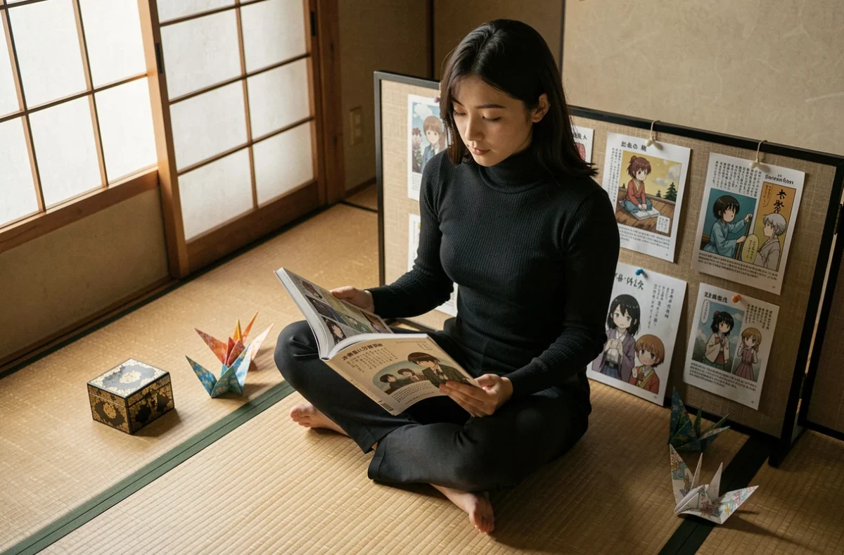 Jeune femme lisant un manga de la famille Zoldyk dans une pièce japonaise minimaliste entourée d'objets de collection