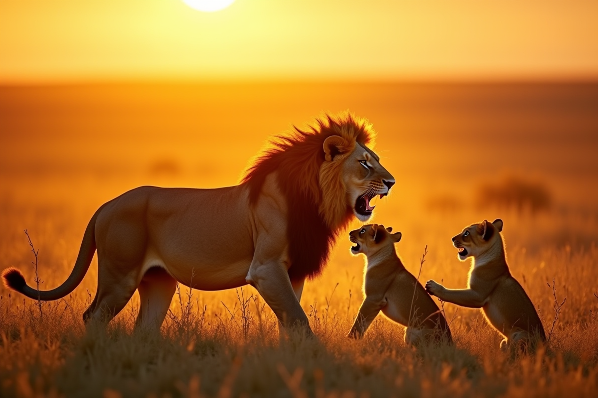 Lionne protectrice avec ses petits dans la savane au coucher du soleil