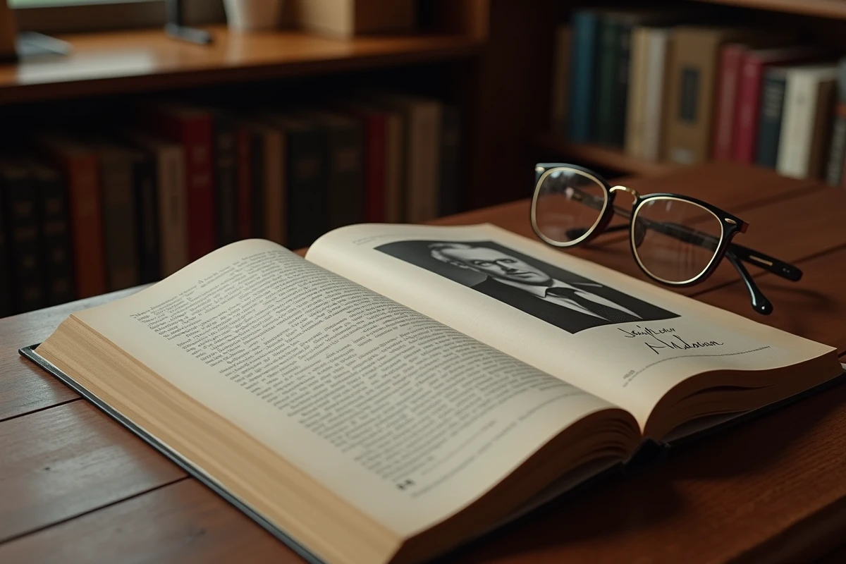 Livre de biographie avec portrait de Melenchon sur un bureau