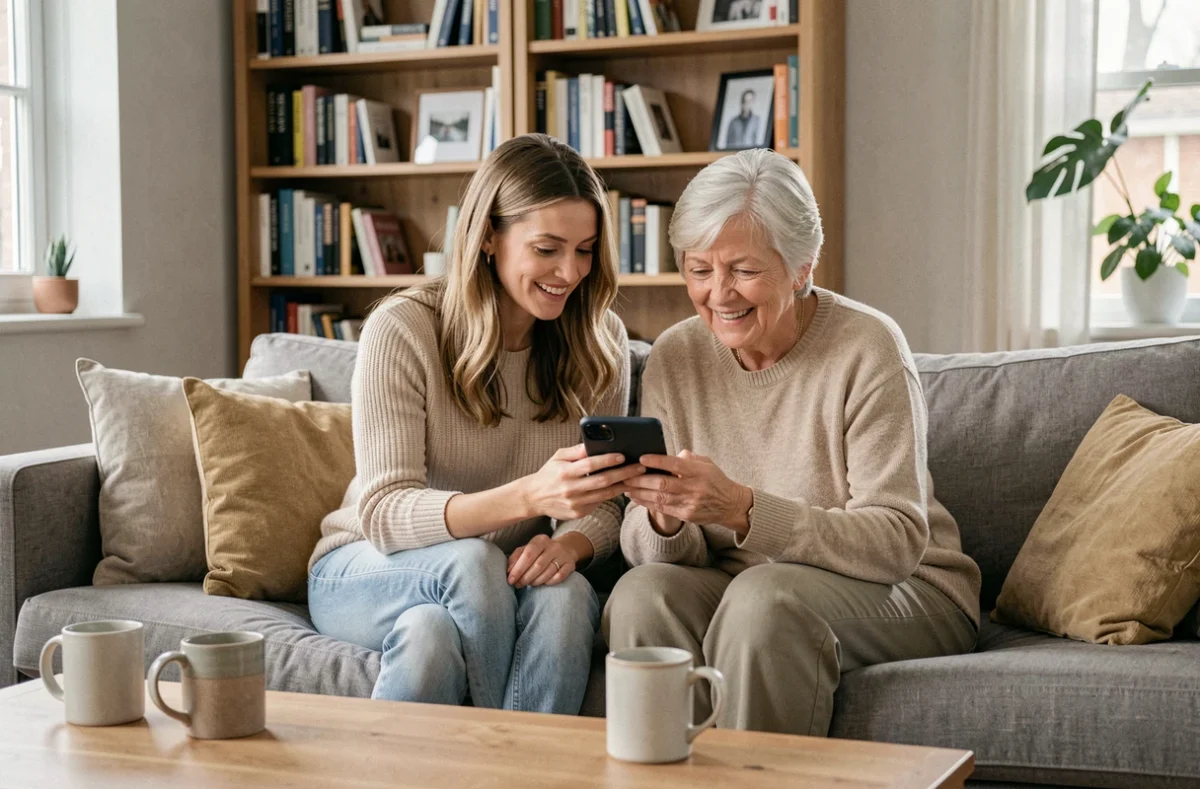 Deux femmes de générations différentes regardant ensemble un webtoon sur smartphone dans un salon moderne, évoquant le thème de Lune de miel avec ma belle mère Scan
