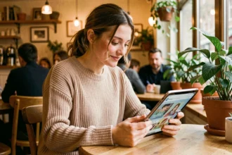 Jeune femme souriante lisant un webtoon sur tablette dans un café cosy, illustrant la popularité de Lune de miel avec ma belle mère Scan