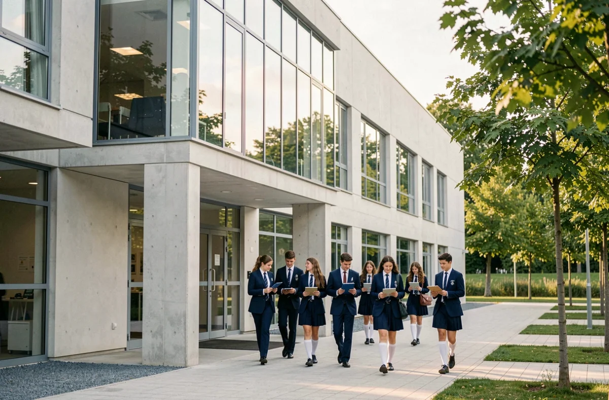 Entrée principale du Lycée Jean-Paul II à Compiègne avec élèves en uniforme scolaire