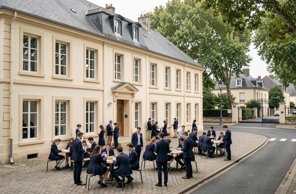 Vue extérieure du Lycée Saint-Joseph du Moncel à Pont-Sainte-Maxence avec lycéens en uniforme