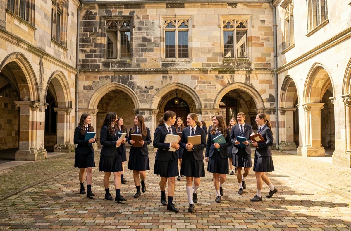 Cour intérieure en pierre du Lycée Saint-Vincent à Senlis avec élèves en uniforme scolaire