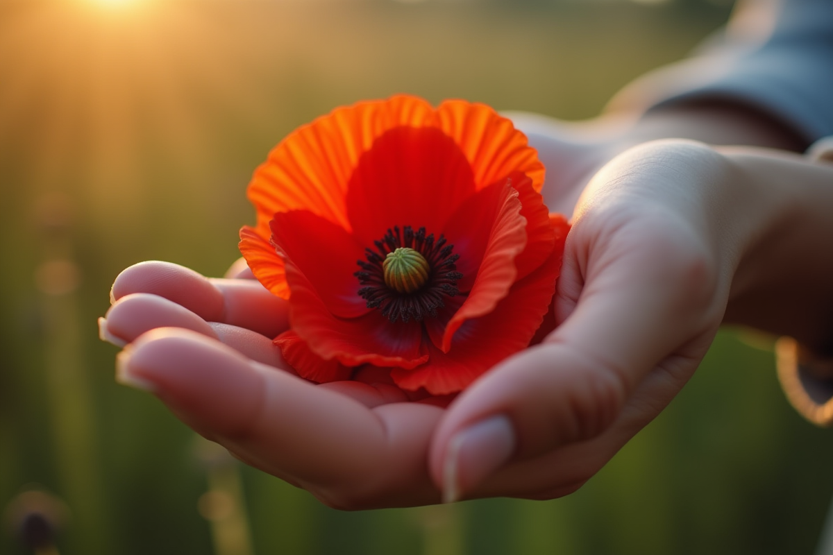 Mains tenant une pivoine rouge en extérieur au matin