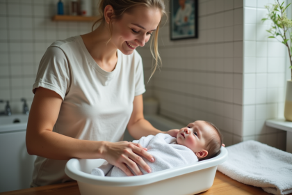 Jeune maman lavant son bébé nouveau né dans une salle de bain