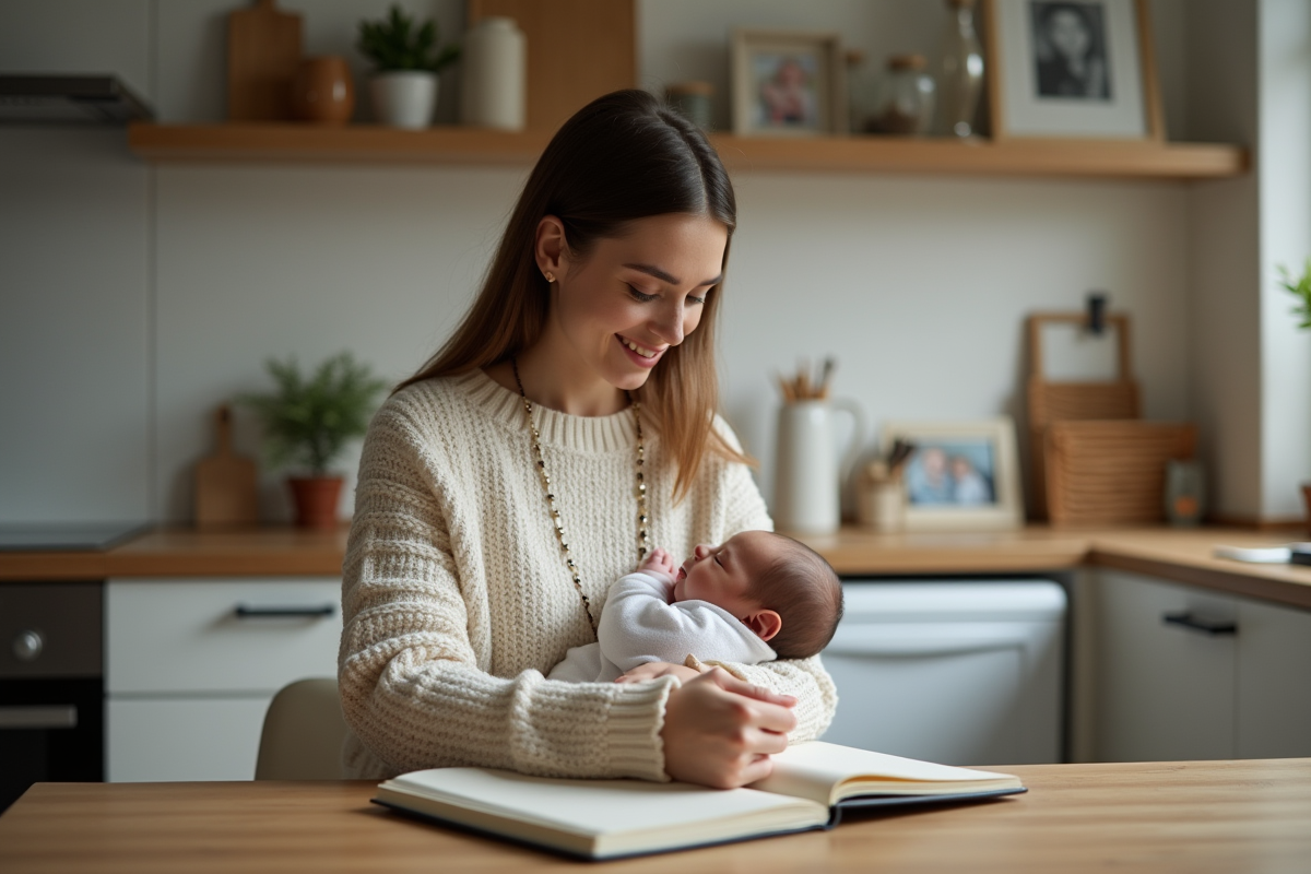 Femme avec bébé dans une cuisine chaleureuse et authentique