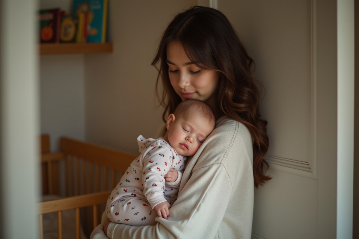Maman berçant sa fille endormie dans la chambre