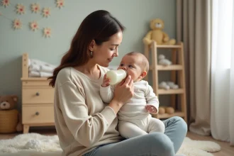Jeune maman donnant le biberon à son bébé dans une nurserie chaleureuse