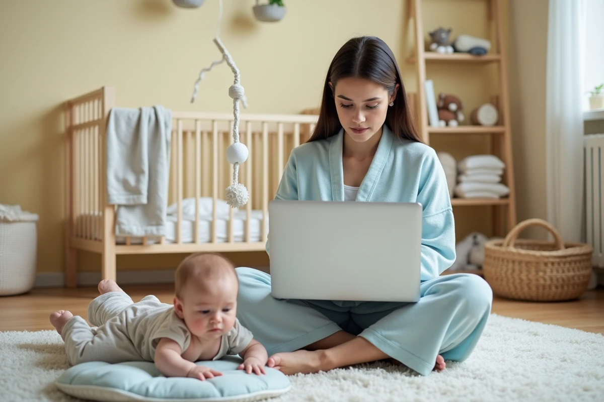 Jeune maman consultant un site de conseils sommeil bébé dans une chambre d'enfant apaisante