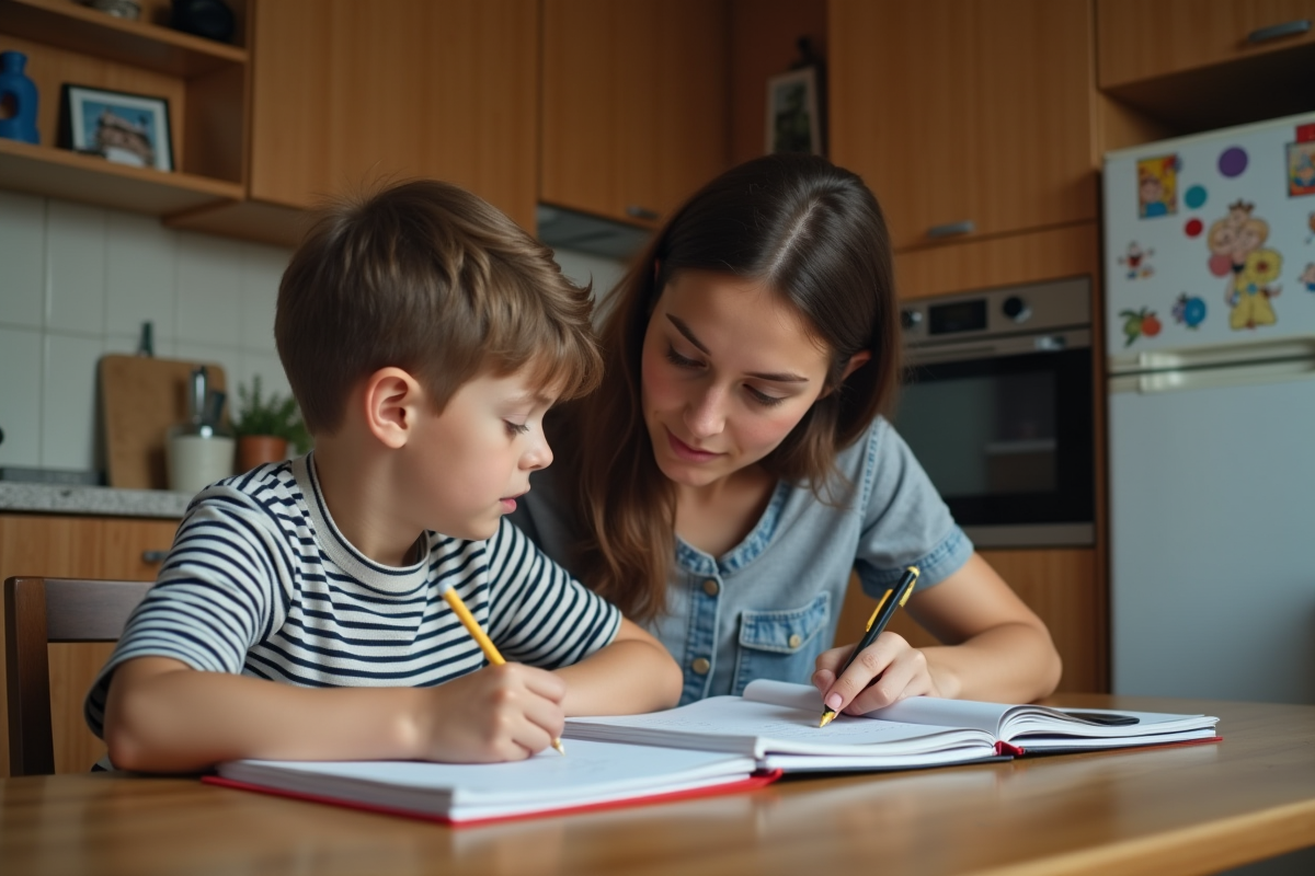 Mère et enfant aidant aux devoirs dans la cuisine
