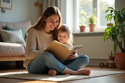 Jeune mère lisant un livre à sa fille dans le salon chaleureux