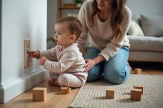 Maman aide son enfant à toucher une prise électrique en toute sécurité