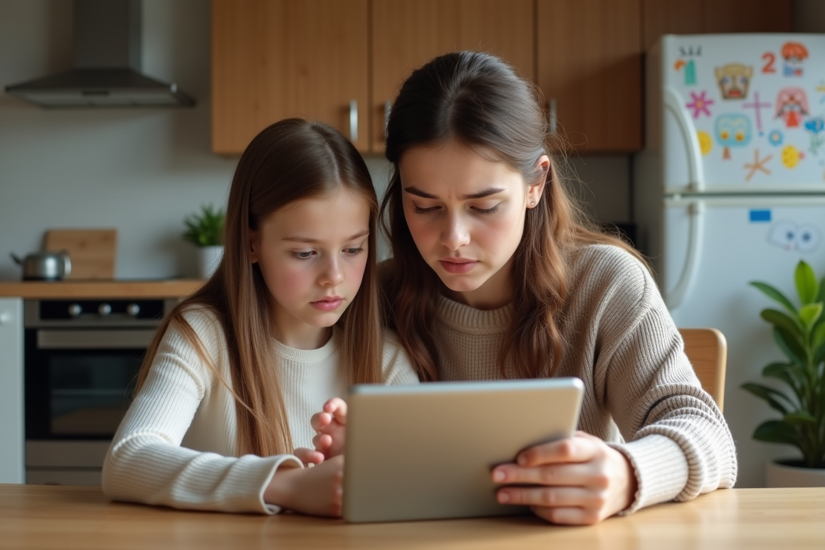 Mère et fille regardant une tablette à la table de cuisine