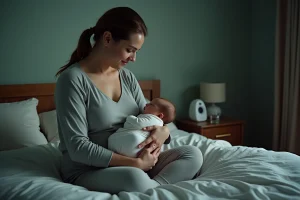 Maman épuisée qui berce son nourrisson la nuit dans une chambre à coucher douce et réaliste