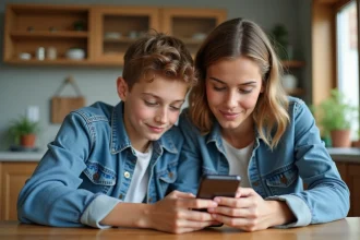 Maman et son fils de 12 ans utilisant une appli financière à la maison