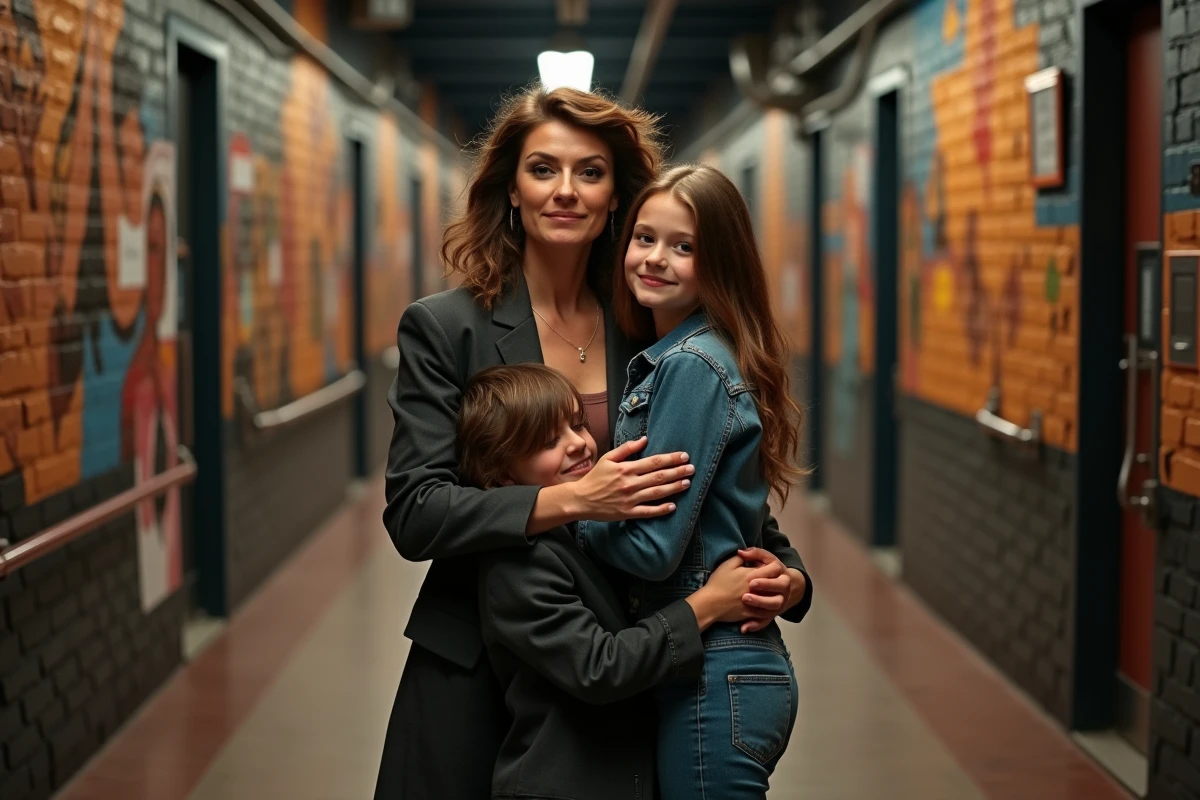 Maman backstage embrassant ses enfants avant une représentation