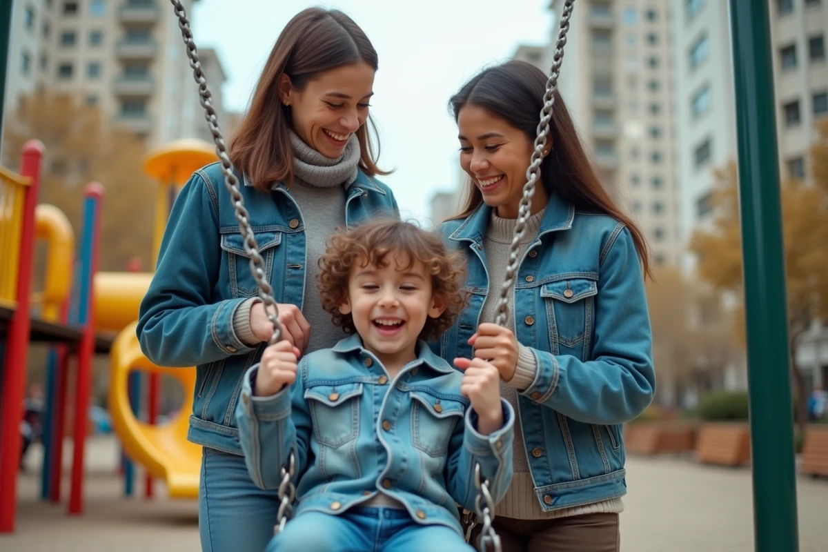 Deux femmes souriantes avec un garçon sur une balançoire en ville