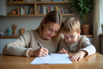 Femme signant une autorisation avec son fils à la maison