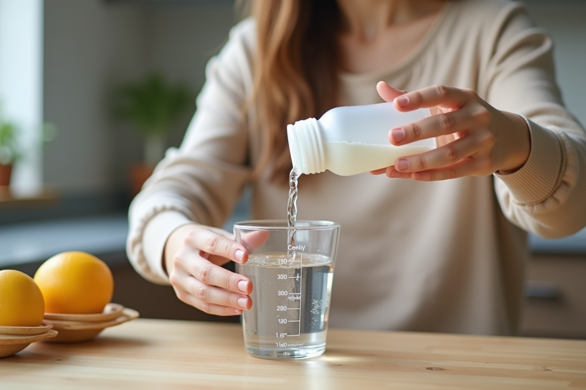Jeune maman verse de l'eau dans un biberon avec une tasse