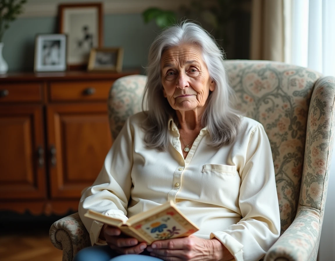 Mamie émue tenant un livret de poème personnalisé pour la fête des grand-mères dans un salon chaleureux