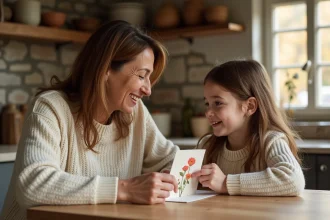 Marraine et filleule partageant un poème écrit à la main autour d'une table en bois dans une cuisine chaleureuse