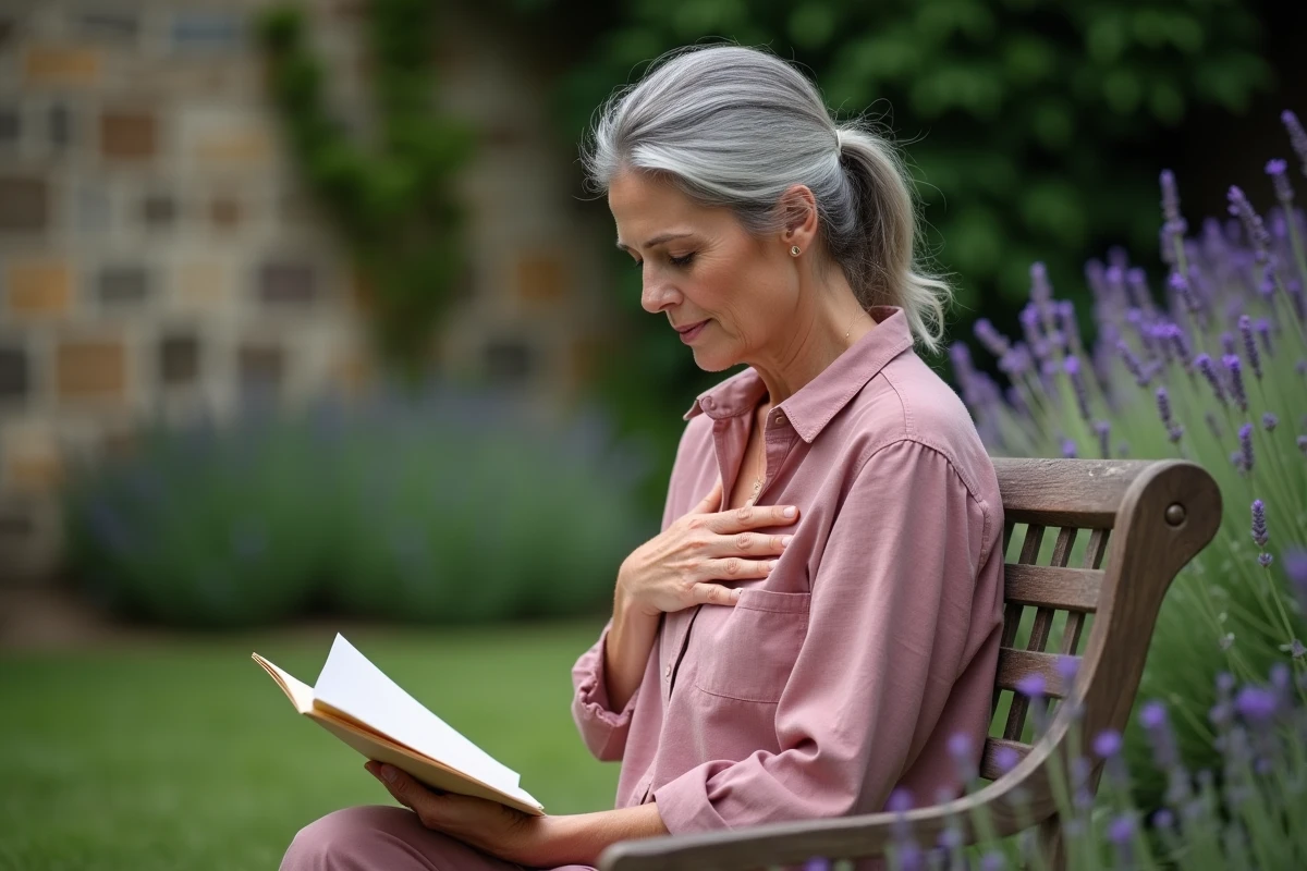 Une marraine émue lisant un poème dans un jardin fleuri en plein air