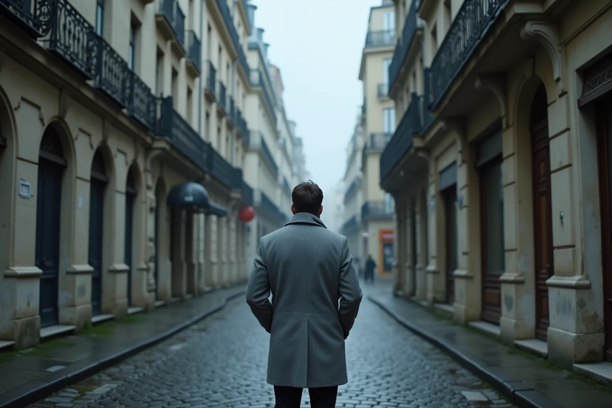 Silhouette d'un homme de dos dans une rue pavée parisienne sous un ciel couvert, atmosphère mystérieuse illustrant les zones d'ombre d'une vie privée
