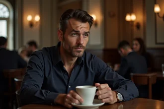 Homme pensif seul dans un café parisien, regard perdu dans ses pensées, évoquant l'intimité et les zones d'ombre de la vie privée