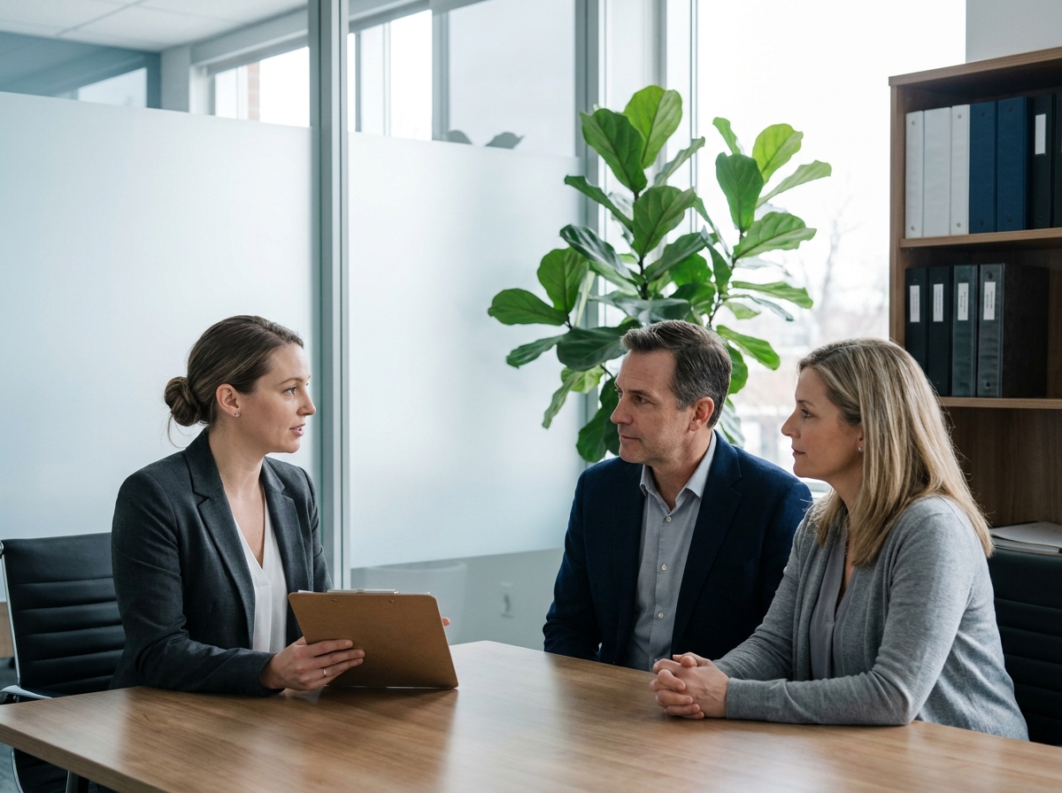 Une médiatrice professionnelle en réunion avec un couple en cours de divorce dans un bureau moderne, symbolisant la médiation familiale et la gestion amiable de la séparation