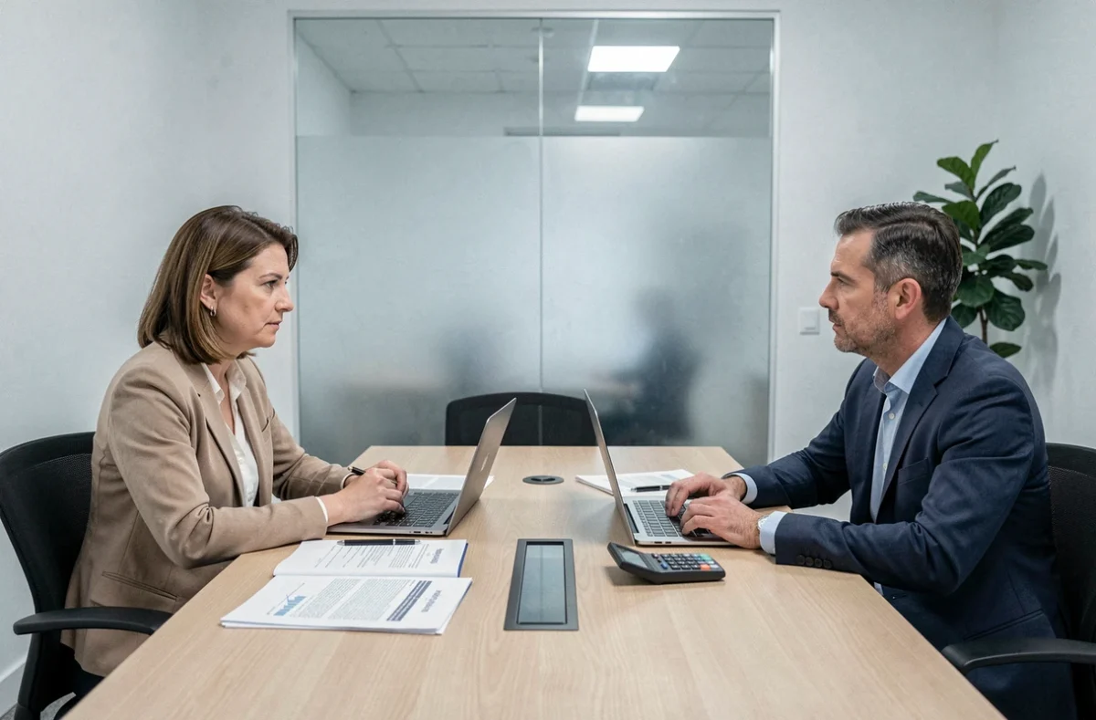 Couple en discussion lors d'une médiation familiale autour du calcul de la pension alimentaire et des obligations légales