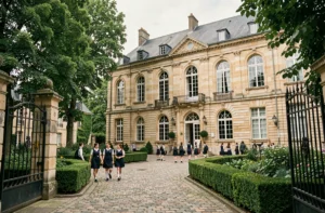 Vue d'ensemble d'une école privée de l'Oise avec élèves en uniforme dans une cour intérieure