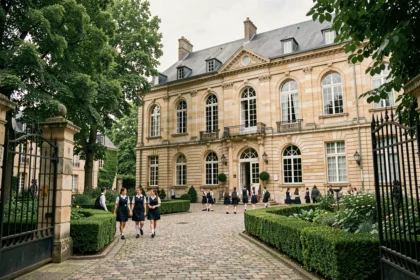 Vue d'ensemble d'une école privée de l'Oise avec élèves en uniforme dans une cour intérieure