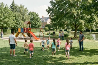 Familles avec enfants profitant d'un parc de loisirs dans le Val-de-Marne par une belle journée ensoleillée