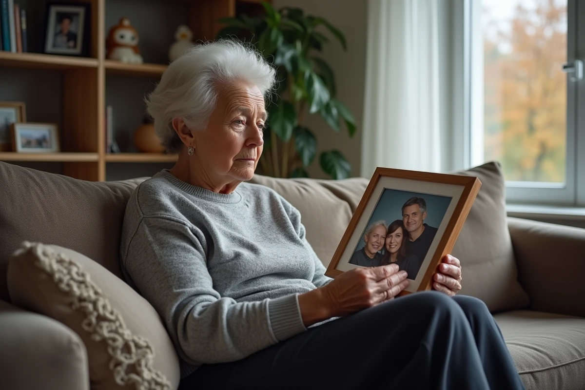 Mère âgée songeuse tenant une photo de famille dans un salon, exprimant tristesse et incompréhension