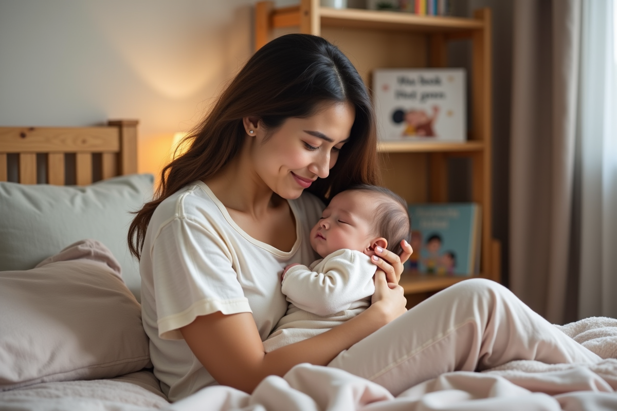 Mère douce tenant son bébé endormi dans une chambre chaleureuse